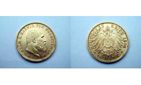 Germania - Wurttemberg, Guglielmo II, 10 Marchi 1906 F FDC