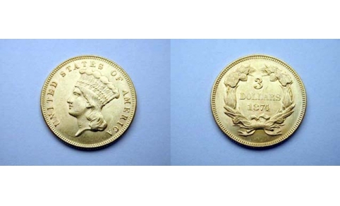 Stati Uniti, 3 Dollari 1874 Raro qFDC/FDC