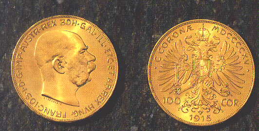 AUSTRIA, 100 CORONE 1915 ORO