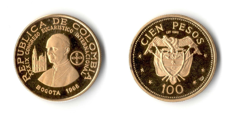 Colombia, 100 Pesos 1968 Congresso Eucaristico Raro FDC