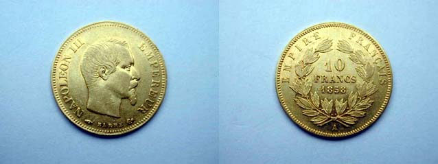 Francia, Napoleone III 10 Franchi 1858 A (testa nuda) SPL+