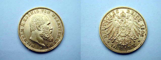 Germania - Wurttemberg, Guglielmo II, 10 Marchi 1906 F FDC