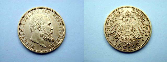 Germania - Wurttemberg, Guglielmo II, 10 Marchi 1907 F FDC