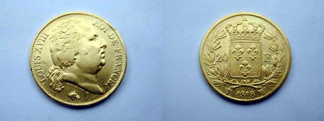 Francia, Luigi XVIII 20 Franchi 1818 W (Lille) BB+/qSPL