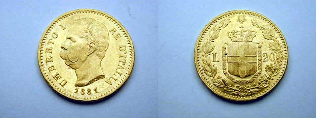 Umberto I, 20 Lire 1881 primo 1 ribattuto Raro SPL+/qFDC