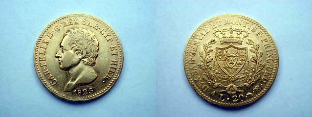 Carlo Felice, 20 Lire 1823 Torino Raro BB+/qSPL