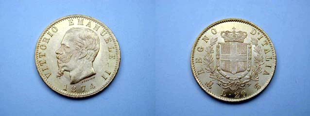 Vitt. Eman. II, 20 Lire 1874 Milano. FDC