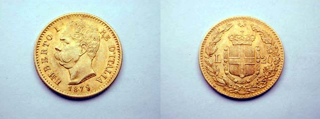 Umberto I, 20 Lire 1879 Oro Rosso - Molto Raro qFDC/FDC