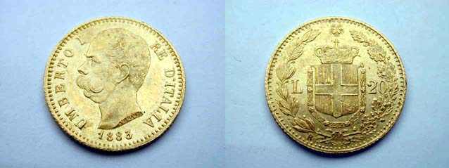 Umberto I, 20 Lire 1883 1 senza base e 3 con coda SPL+/qFDC