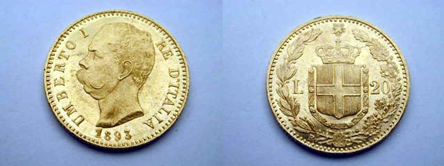 Umberto I, 20 Lire 1893 1 ribattuto  qFDC