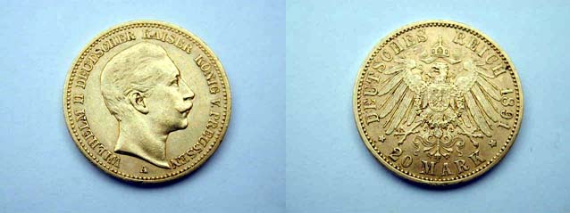 Germania - Prussia, Guglielmo II, 20 Marchi 1891 A SPL+