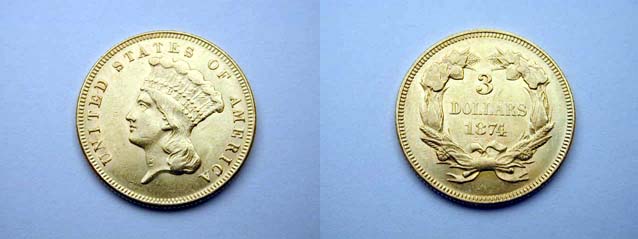 Stati Uniti, 3 Dollari 1874 Raro qFDC/FDC