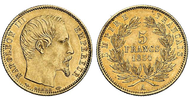 Francia, Napoleone  III 5 Franchi 1854 A (modulo piccolo, 14,4 m
