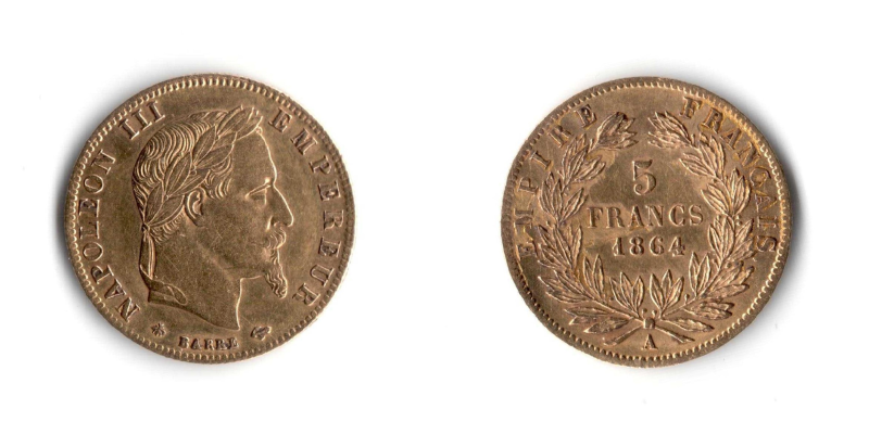 Francia, Napoleone  III 5 Franchi 1864 A SPL+