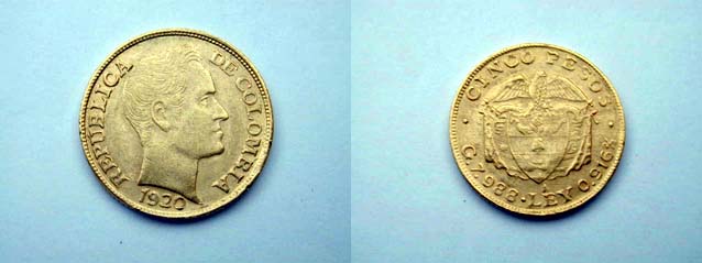 Colombia, Repubblica 5 Pesos secondo tipo 1920 qFDC