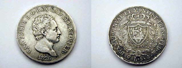 Carlo Felice, 5 Lire 1826 Genova G. BB+