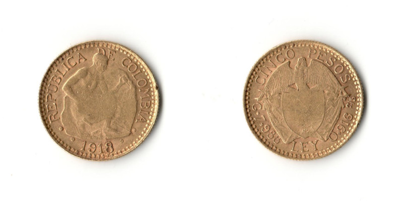 Colombia, Repubblica 5 Pesos 1918 SPL+/qFDC