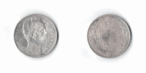 Umberto I, 5 Lire 1879, Roma. BB+